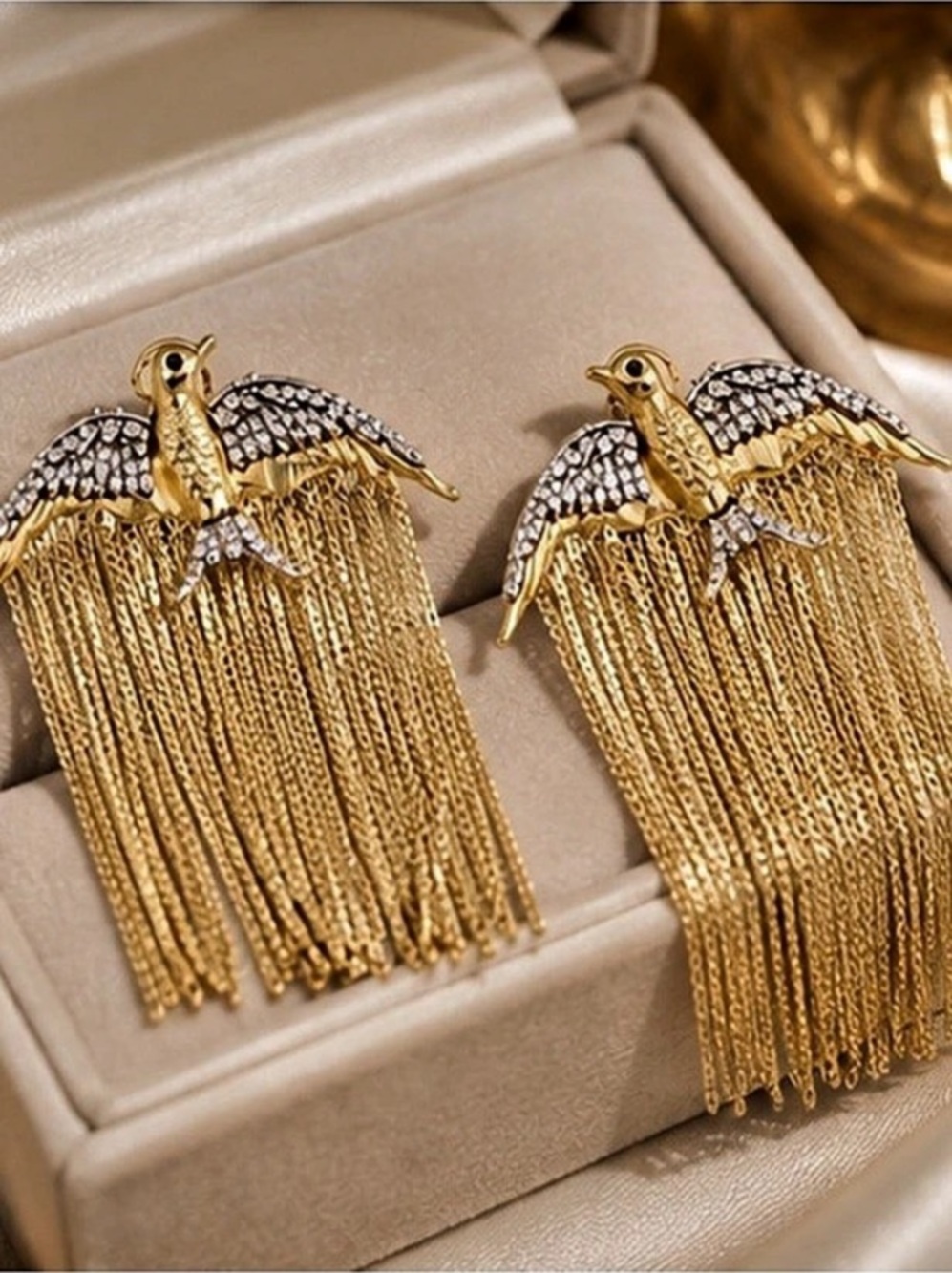 Regal Gold Phoenix Crystal Fringe Earrings | Exquisite Embellished Chain Earring